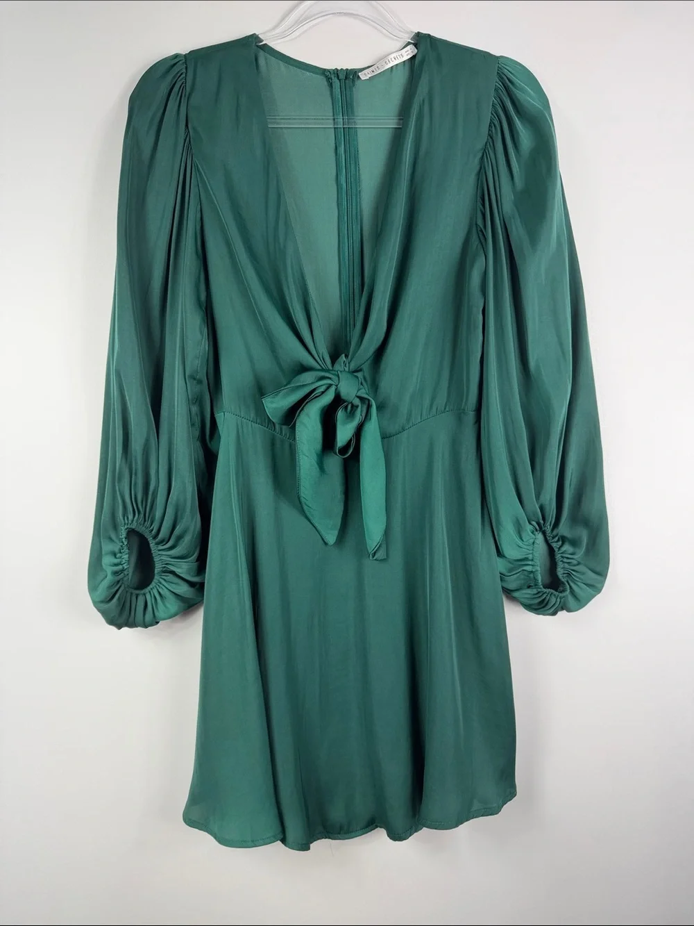 Saints + Secrets Deep Teal Satin Tie-Front Mini Dress Puff Sleeve S